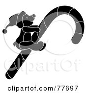 Royalty Free RF Clipart Illustration Of A Black Silhouetted Christmas Teddy Bear Riding A Candy Cane by Pams Clipart