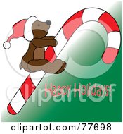 Poster, Art Print Of Happy Holidays Greeting With A Teddy Bear On A Candy Cane Over Green