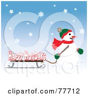 Poster, Art Print Of Happy Holidays Greeting Of A Snowman Pulling A Sled Through The Snow