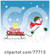 Poster, Art Print Of Snowman Pulling A Merry Christmas Greeting On A Sled