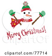 Poster, Art Print Of Red Merry Christmas Greeting Over A Snowman