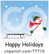 Poster, Art Print Of Happy Holidays Greeting Of A Snowman Pulling A Sled Through The Snow