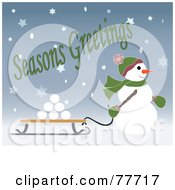Poster, Art Print Of Seasons Greetings Of A Snowman Pulling Snowballs On A Sled Through The Snow