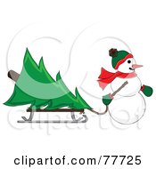 Snowman Pulling A Christmas Tree On A Sled Through The Snow