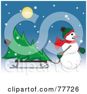 Poster, Art Print Of Snowman Pulling A Christmas Tree On A Sled Through The Snow