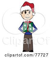 Caucasian Stick Boy Wearing A Santa Hat And Holding A Christmas Gift