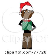 Black Stick Boy Wearing A Santa Hat And Holding A Christmas Gift