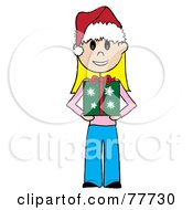 Caucasian Stick Girl Wearing A Santa Hat And Holding A Christmas Gift