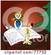 Poster, Art Print Of Blond Doll Resting On An Open Christmas Book By A Candle And Christmas Tree