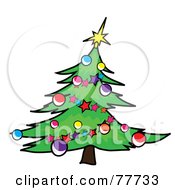 Poster, Art Print Of Green Christmas Tree Curving To The Right Decorated In Garlands And Baubles