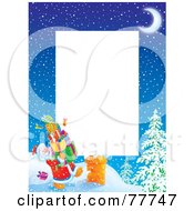 Poster, Art Print Of Vertical Christmas Border Of Santa Carrying Presents To A Chimney Around White Space