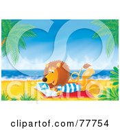 Poster, Art Print Of Relaxed Lion Reading A Book On A Tropical Beach