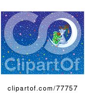 Royalty Free RF Clipart Illustration Of A Christmas Reindeer Holding Santas Sack On A Crescent Moon In A Starry Sky by Alex Bannykh