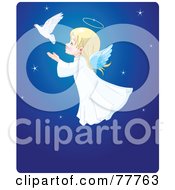 Adorable Christmas Angel Girl Flying Behind A Dove In A Blue Starry Sky