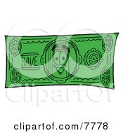 Red Book Mascot Cartoon Character On A Dollar Bill