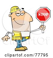 Friendly Male Caucasian Traffic Director Holding A Stop Sign