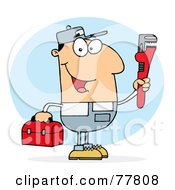 Poster, Art Print Of Caucasian Plumber Man Carrying A Red Wrench And Tool Box