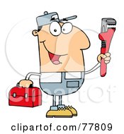 Poster, Art Print Of Friendly Caucasian Plumber Man Carrying A Wrench And Tool Box