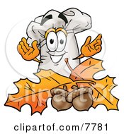 Chefs Hat Mascot Cartoon Character With Autumn Leaves And Acorns In The Fall