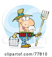 Male Caucasian Farmer Carrying A Rake And Pail
