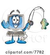 Clipart Picture Of A Desktop Computer Mascot Cartoon Character Holding A Fish On A Fishing Pole