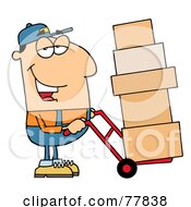 Friendly Caucasian Delivery Man Using A Dolly To Move Boxes