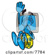 Desktop Computer Mascot Cartoon Character Plugging His Nose While Jumping Into Water by Toons4Biz
