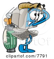Desktop Computer Mascot Cartoon Character Swinging His Golf Club While Golfing by Toons4Biz