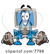 Desktop Computer Mascot Cartoon Character Lifting A Heavy Barbell by Toons4Biz