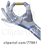 Royalty Free RF Clipart Illustration Of A 3d Chrome Hand Pinching A Golden Pill Capsule by Tonis Pan