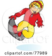 Poster, Art Print Of Happy Blond Boy Snowboarding And Catching Air
