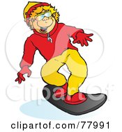 Poster, Art Print Of Happy Blond Boy Snowboarding Forward