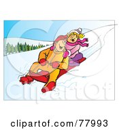 Royalty Free RF Clipart Illustration Of A Brother And Sister Having Fun While Sledding Down Hill
