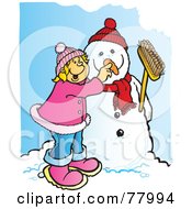 Poster, Art Print Of Happy Blond Girl Putting A Carrot Nose On A Snowman In The Winter