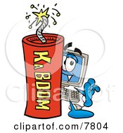 Desktop Computer Mascot Cartoon Character Standing With A Lit Stick Of Dynamite by Mascot Junction
