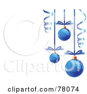 Royalty Free RF Clipart Illustration Of A White Background With Blue Christmas Bulbs And Curly Ribbons