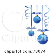 Poster, Art Print Of White Background With Blue Christmas Bulbs And Curly Ribbons