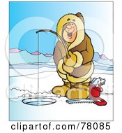Poster, Art Print Of Happy Man Wearing A Coat And Ice Fishing On A Frozen Lake