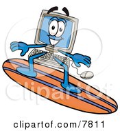 Poster, Art Print Of Desktop Computer Mascot Cartoon Character Surfing On A Blue And Orange Surfboard