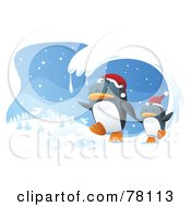 Poster, Art Print Of Wave Of Snow Framing A Scene Of Two Penguins Wearing Santa Hats And Running In The Wniter