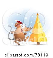 Poster, Art Print Of Excited Mouse Wearing An Excited Mouse Wearing A Santa Hat And Running Towards His Cheese Christmas Tree