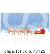 Poster, Art Print Of Team Of Four Reindeer Wearing Hats And Pulling Kris Kringles Sleigh Through The Snow
