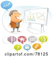 Royalty Free RF Clipart Illustration Of A Hyper Businessman Presenting Charts With Different Icon Balloons