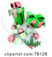 Poster, Art Print Of 3d Green And Pink Holly Baubles And Christmas Presents