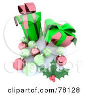 Royalty Free RF Clipart Illustration Of 3d Green And Pink Holly Baubles And Christmas Presents by KJ Pargeter