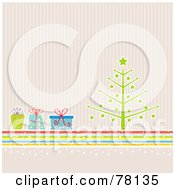 Poster, Art Print Of Retro Christmas Tree With Colorful Presents Over Pastel Stripes