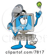 Desktop Computer Mascot Cartoon Character Preparing To Hit A Tennis Ball by Mascot Junction