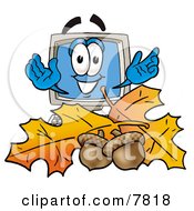 Clipart Picture Of A Desktop Computer Mascot Cartoon Character With Autumn Leaves And Acorns In The Fall