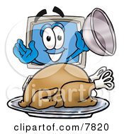 Poster, Art Print Of Desktop Computer Mascot Cartoon Character Serving A Thanksgiving Turkey On A Platter
