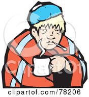 Sick Blond Man Cuddled With A Cup Of Tea And A Blanket